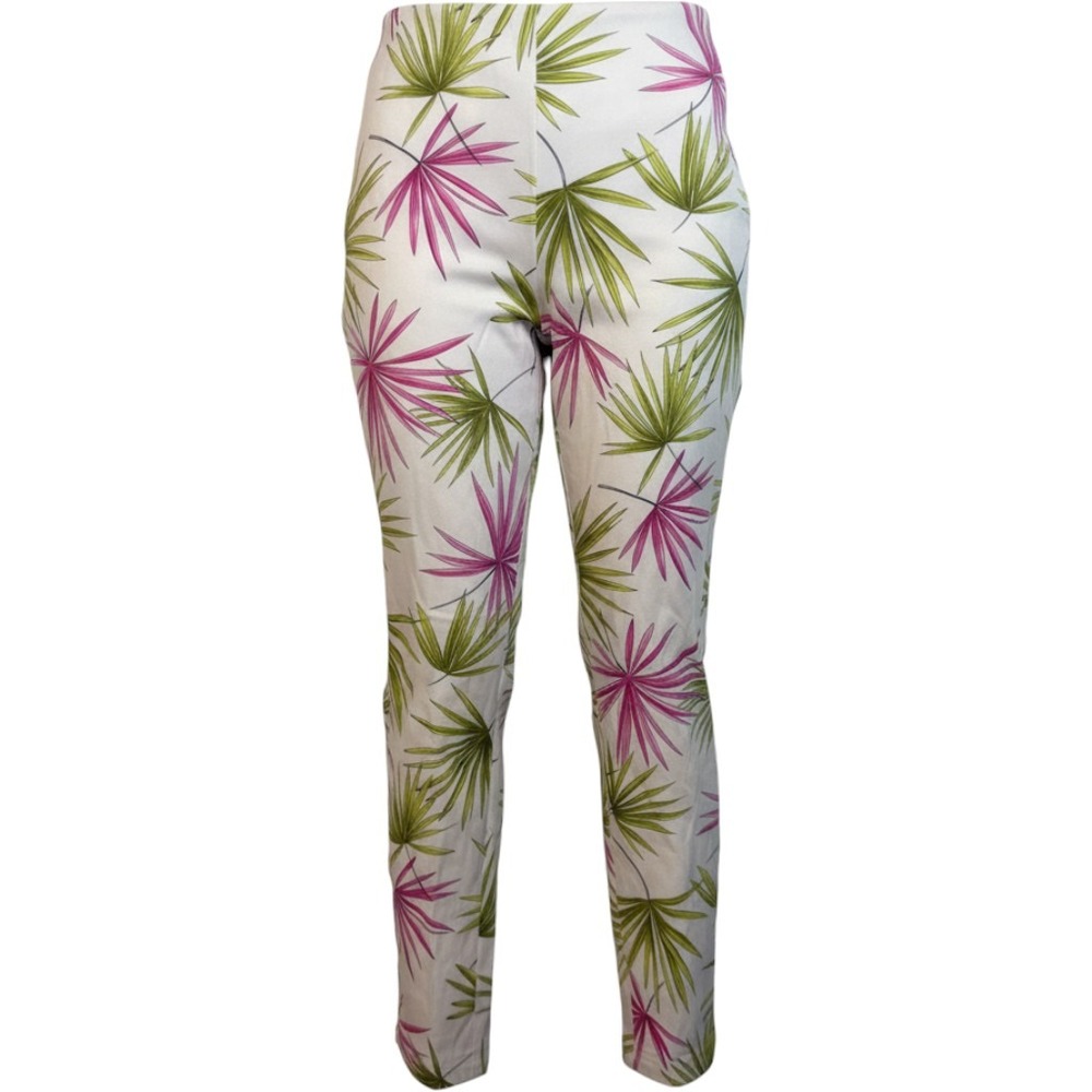 Talbots Tropical Palm Print Pants Womens 14 White Pink Green Excellent Stretch
